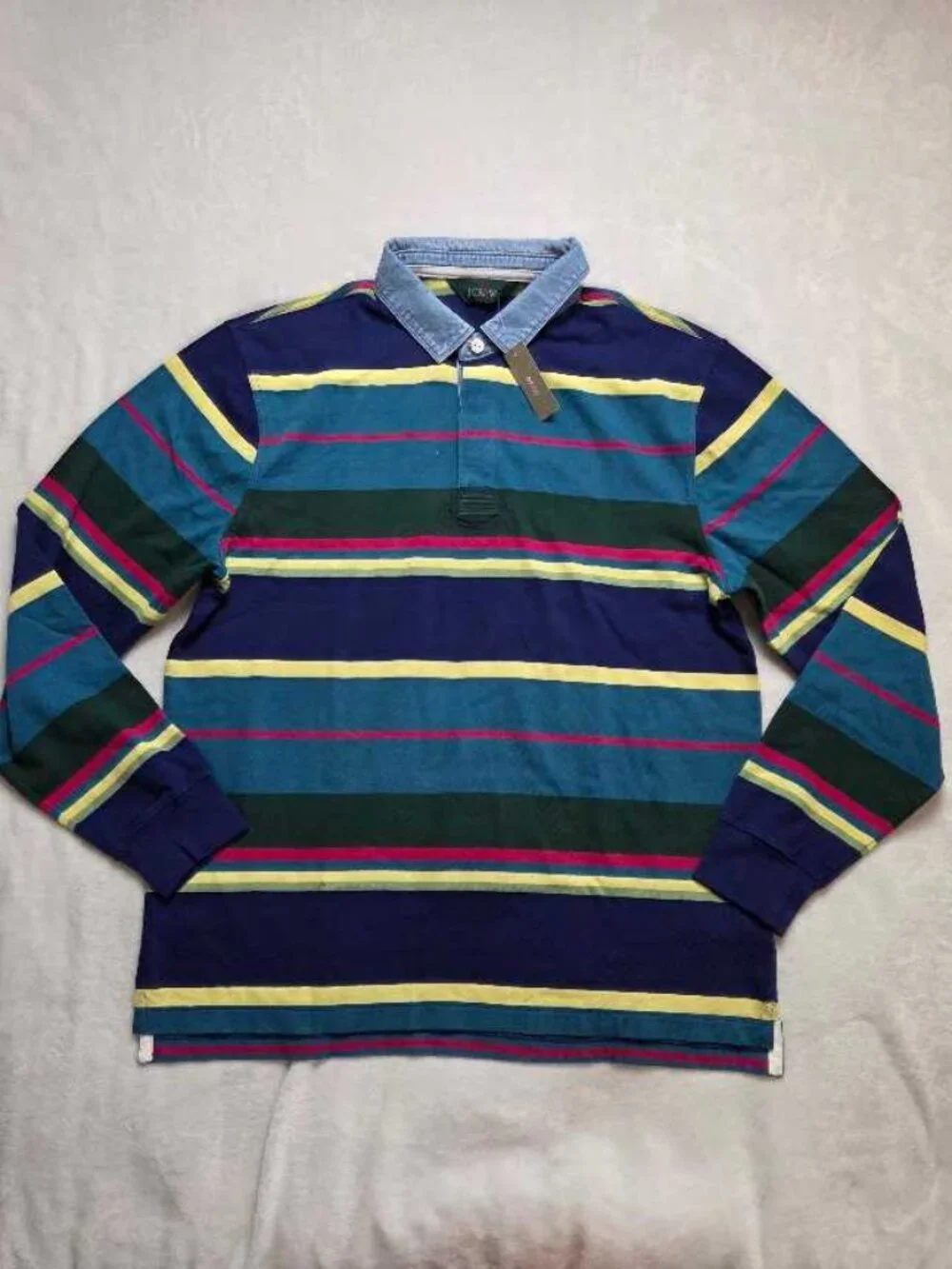 New L J.Crew Rugby longsleeve polo shirt in stripe with denim collar